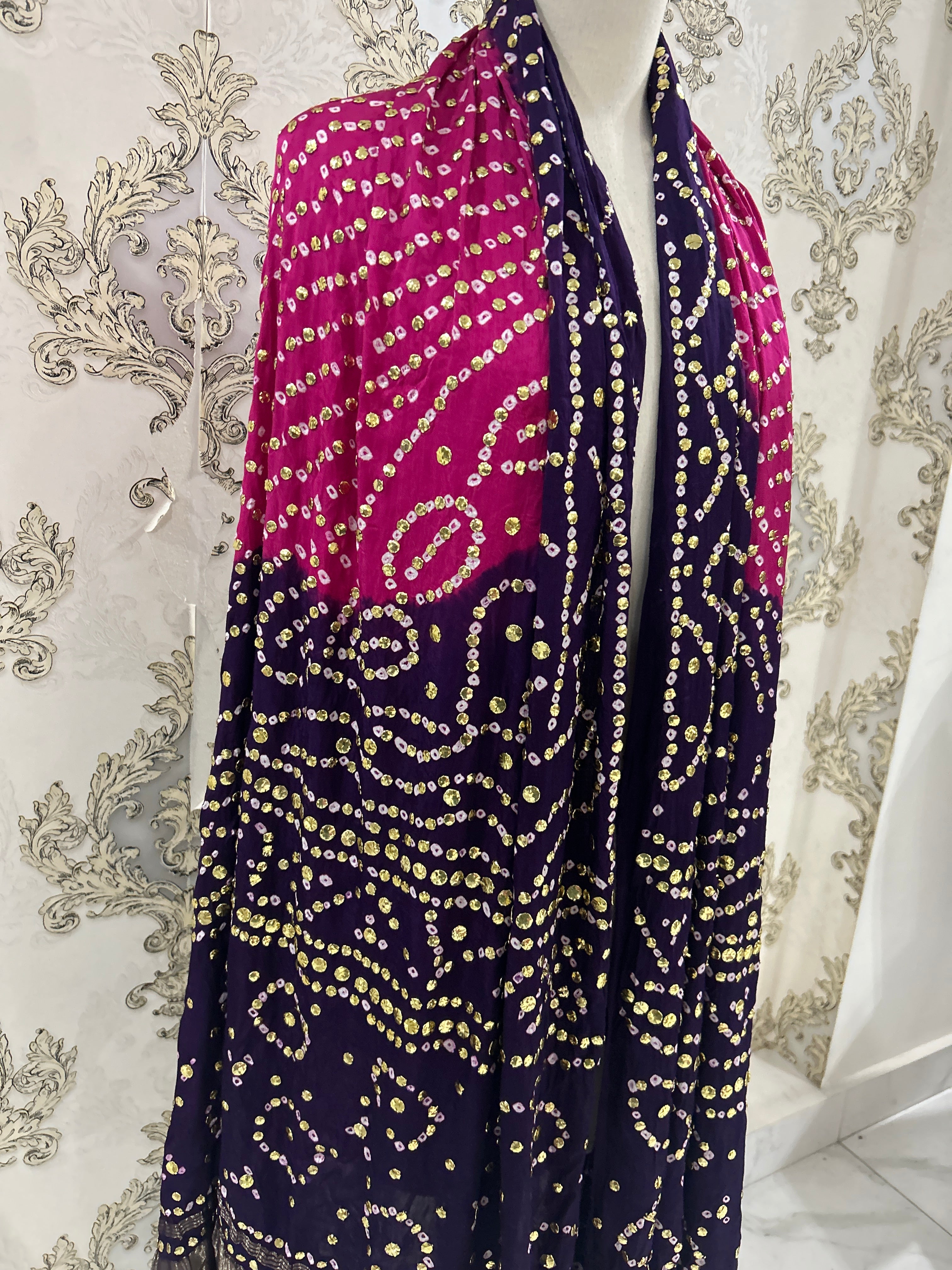 Indian Gajji Silk Chundri Mukesh Dupatta Pink & Purple - EVODIA PK STORE